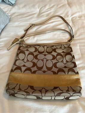 Coach Brown Signature Canvas Shoulder Bag with Gold Trim